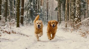 AI generated happy golden retriever dogs running in the winter forest photo