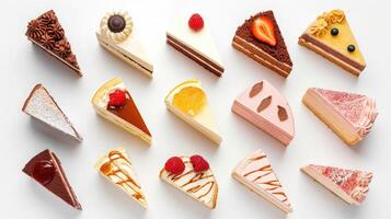 AI generated Top view of different slices of various cakes, making a single whole torte, top view on white background photo