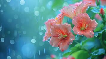 AI generated spring flowers rain drops, abstract blurred background flowers fresh rain photo