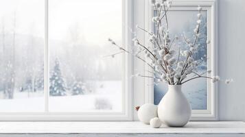 AI generated delicate vase adorns a tall white window, resting on a white wooden table. A framed picture of a snowy landscape serves as the background photo