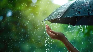 ai generado mujer mano con paraguas en el lluvia en verde naturaleza antecedentes foto