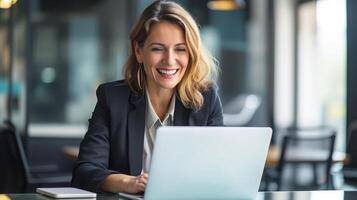 AI generated Smiling busy mature middle aged professional business woman manager executive wearing suit looking at laptop computer technology in office working on digital project sitting at desk photo