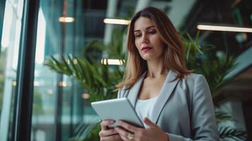 AI generated Waist up portrait modern business woman in the office with copy space. Female executive wearing businesswear standing outside modern meeting room and checking data on tablet. photo