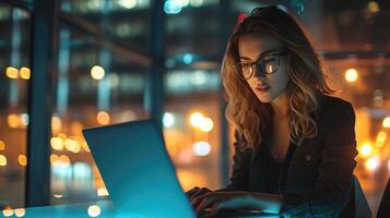 AI generated Stylish Female Working on Laptop Computer in a Company Office in the Evening. Young Manager Browsing Internet, Shopping Online and Reading Social Media Posts from Friends and Colleagues. photo