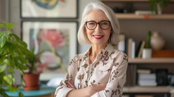 AI generated Smiling confident stylish mature middle aged woman standing at home office. Old senior businesswoman, lady executive business leader manager looking at camera arms crossed, portrait. photo