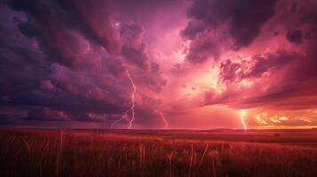 ai generado relámpago Huelga en el horizonte durante un eléctrico tormenta en el praderas foto