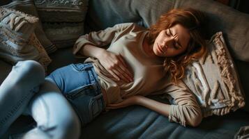 AI generated Woman having stomach ache, bending and holding hands on belly, discomfort from menstrual cramps photo