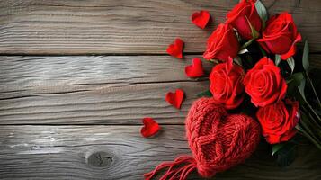 AI generated Valentine day greeting card with red rose flowers bouquet and knitted heart on wooden background Top view with space for your greetings photo