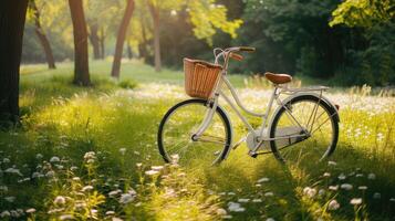 AI generated White bicycle in fresh summer park photo