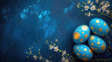 AI generated Beautiful painted blue easter eggs with golden decorations on dark blue table top view, greeting card, banner format. photo