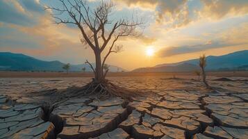 AI generated Dead trees on dry cracked earth metaphor Drought, Water crisis and World Climate change. photo