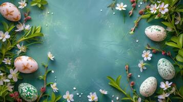 ai generado verde Pascua de Resurrección antecedentes con primavera flores y Pascua de Resurrección huevos, parte superior vista. marco foto