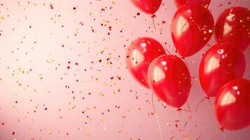 ai generado cumpleaños rojo globos antecedentes diseño contento cumpleaños dorado globo y papel picado decoración elemento para nacimiento día celebracion saludo tarjeta diseño foto