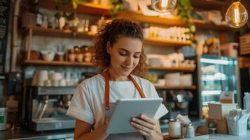 AI generated woman in restaurant tablet and inventory check small business photo