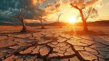 AI generated Dead trees on dry cracked earth metaphor Drought, Water crisis and World Climate change. photo