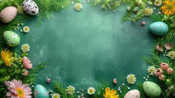 AI generated Green Easter background with springtime flowers and Easter eggs, top view. Frame photo