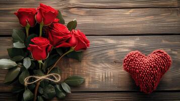 ai generado enamorado día saludo tarjeta con rojo Rosa flores ramo de flores y de punto corazón en de madera antecedentes parte superior ver con espacio para tu saludos foto