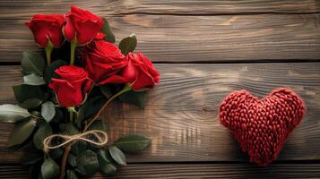 AI generated Valentine day greeting card with red rose flowers bouquet and knitted heart on wooden background Top view with space for your greetings photo