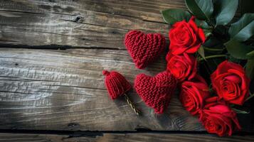 AI generated Valentine day greeting card with red rose flowers bouquet and knitted heart on wooden background Top view with space for your greetings photo