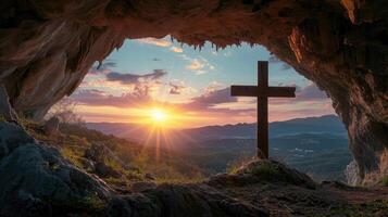 AI generated Sunset view of a wooden cross from a cave. photo