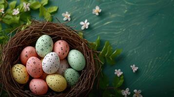 AI generated Happy Easter holiday celebration banner greeting card with pastel painted eggs in bird nest on Green backround tabel texture photo