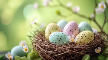 ai generado contento Pascua de Resurrección fiesta celebracion bandera saludo tarjeta con pastel pintado huevos en pájaro nido en verde fondo tabla textura foto