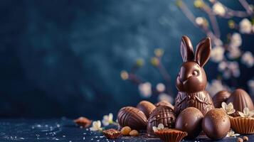 ai generado delicioso chocolate Pascua de Resurrección huevos ,conejito y dulces en oscuro azul antecedentes foto