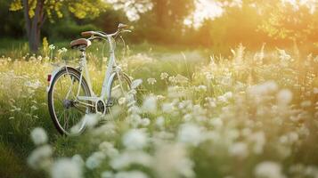 AI generated White bicycle in fresh summer park photo