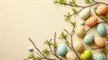 AI generated Composition with Easter eggs and green branches on beige background photo