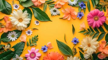 AI generated Creative layout made of flowers and leaves Flat lay Nature concept Floral Greeting card Colorful spring flower background space for text Nature Trendy Decorative Design photo