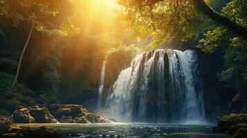 AI generated Panoramic beautiful deep forest waterfall photo