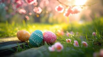 AI generated Painted easter eggs in the grass celebrating a Happy Easter in spring with a green grass meadow, cherry blossom and on rustic wooden bench to display photo