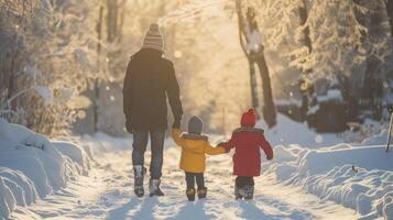 AI generated Rear view of family with two small children in winter nature, walking in the snow. photo