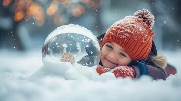 AI generated Happy little child boy lying in snow with big snow globe. Happy winter holidays concept. Place for text of positive news, advertising. photo