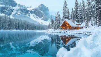 AI generated Beautiful view of Emerald Lake with snow covered and wooden lodge glowing in rocky mountains and pine forest on winter at Yoho national park photo