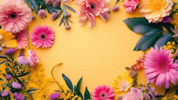 AI generated Creative layout made of flowers and leaves Flat lay Nature concept Floral Greeting card Colorful spring flower background space for text Nature Trendy Decorative Design photo