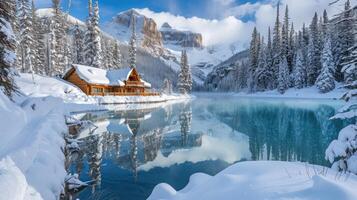 AI generated Beautiful view of Emerald Lake with snow covered and wooden lodge glowing in rocky mountains and pine forest on winter at Yoho national park photo