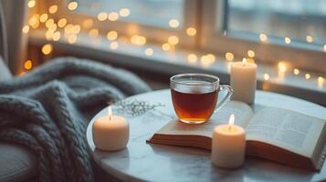AI generated Cup of tea with paper open book and burning scented candles on marble table over cozy chair and glowing lights in bedroom closeup. Winter holiday season. photo