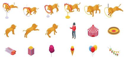 Lion fire performance icons set isometric vector. Animal acrobat vector