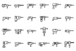 Electric hammer drill icons set outline vector. Construction tool vector