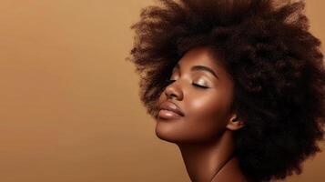 AI generated Natural, black woman and hair care with beauty, smile and luxury on a brown studio background. Afro, hairstyle and African model with mockup space, aesthetic and shine photo