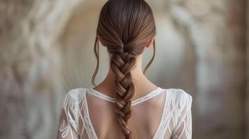 AI generated Beautiful Young Woman with Long Healthy and Shiny Smooth Hair. Bride with Hairstyle Low Ponytail, Back View photo