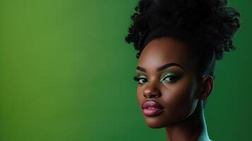 AI generated Black woman, retro beauty and makeup on green background, product placement mockup for advertising and marketing. Portrait of African model in 90s fashion hairstyle for youth photo