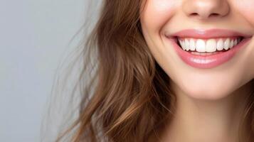 AI generated Beautiful wide smile of young fresh woman with great healthy white teeth. Isolated over background photo