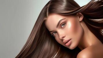 AI generated Beautiful model girl with shiny brown and straight long hair . Keratin straightening . Treatment, care and spa procedures. Smooth hairstyle photo