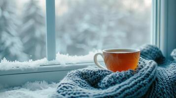 AI generated A cup of hot tea warmed in the knitted scarf is on the windowsill against the winter window photo