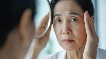 AI generated close up of asian woman looking in mirror is annoyed about crows feet near eyes wrinkles photo