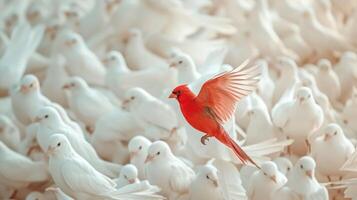 ai generado cerca arriba rojo pájaro volador diferente mediante un grupo de blanco pájaro, juego cambiador negocio. Clásico filtrar estilo. foto