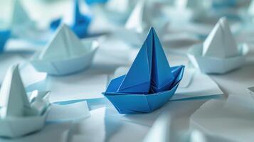 AI generated Leadership concept with blue paper ship leading among white photo