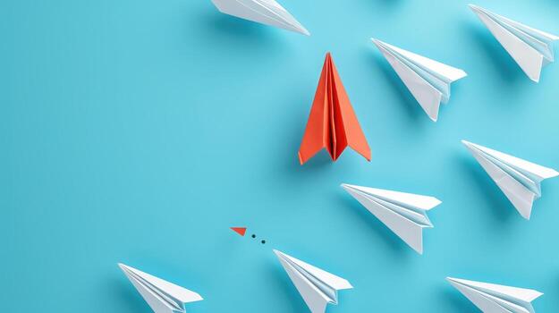AI generated Group of paper plane in one direction and with one individual pointing in the different way. Business concept for new ideas creativity and innovative solution. photo